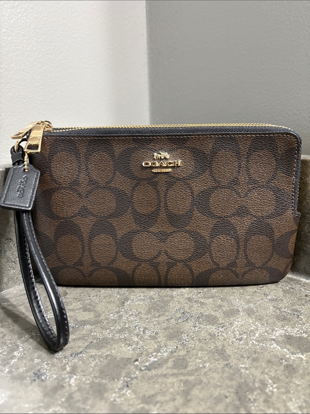 Coach Double Zipper Wristlet Brown Monogram with Gold Logo